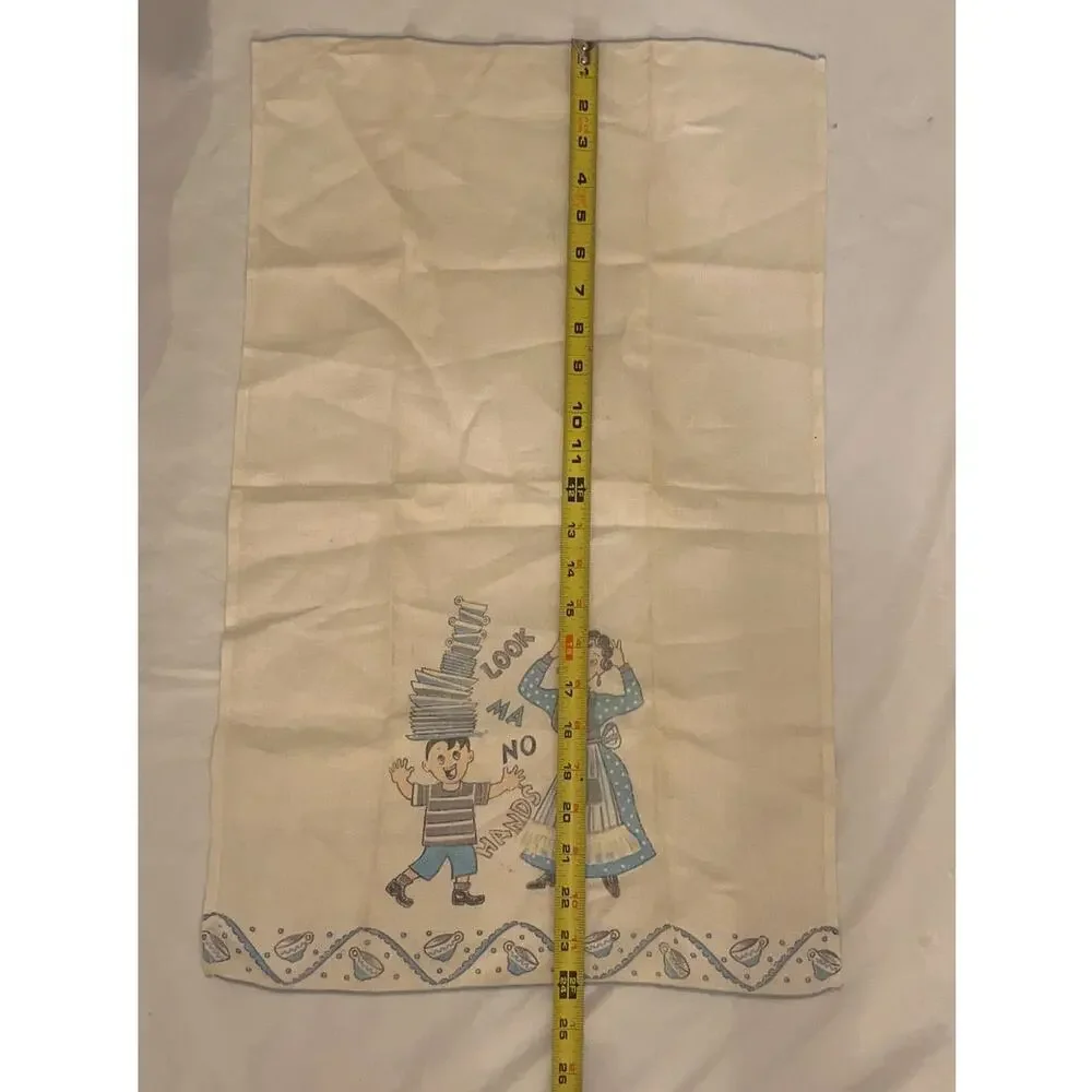Vintage Lot of 2 Tea Kitchen Towel  - Look Ma No Hands - Off White / Blue